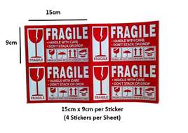🚨 Fragile Printed Sticker – 15cm x 9cm per piece, 4 Pieces in 1 Sheet 🚨